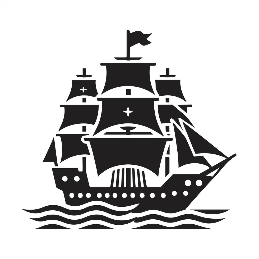 Black and White Pirate Ship Silhouette Illustration with Skull and Crossbones Flags in The Ocean vector