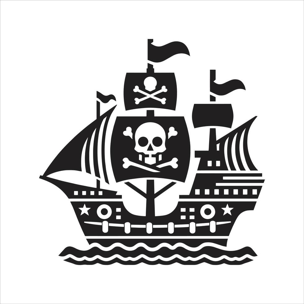 Illustration of Pirate Ship Silhouette with Ocean Sails Skull and Crossbones Flags Black and White vector
