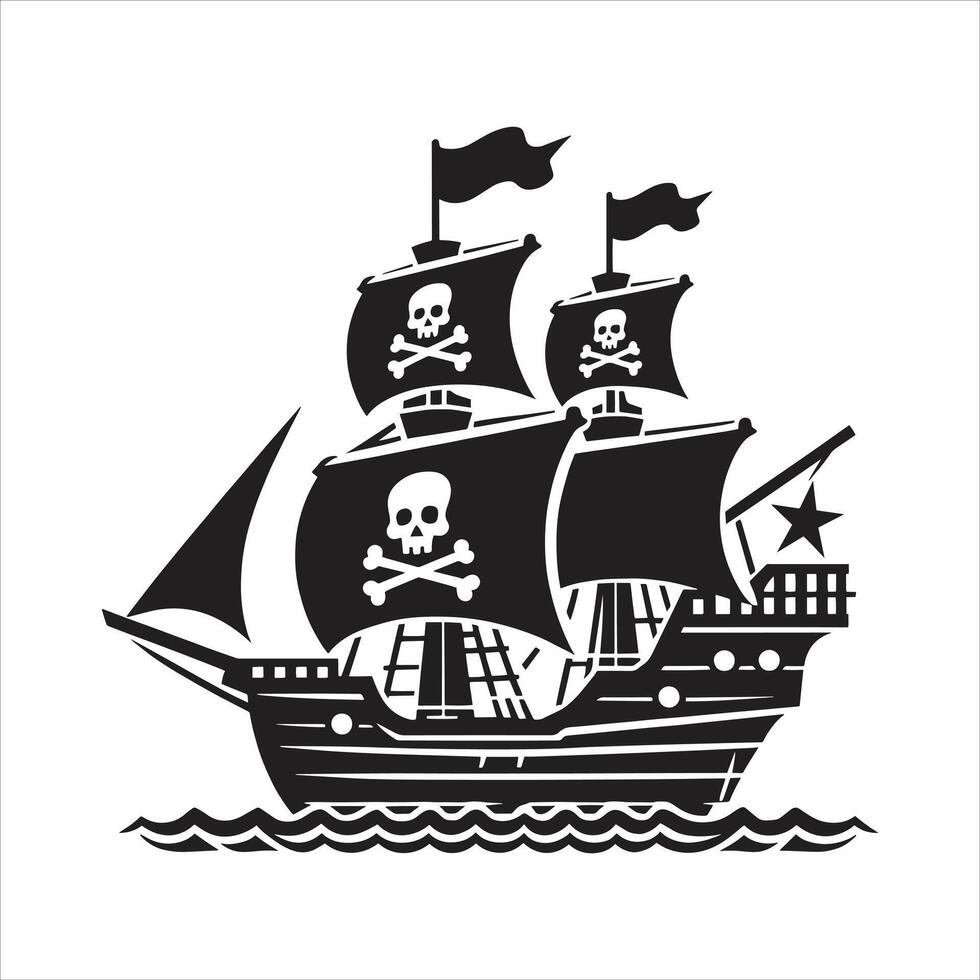 Ocean Pirate Ship Silhouette Black and White Illustration with Skull and Crossbones Flags vector
