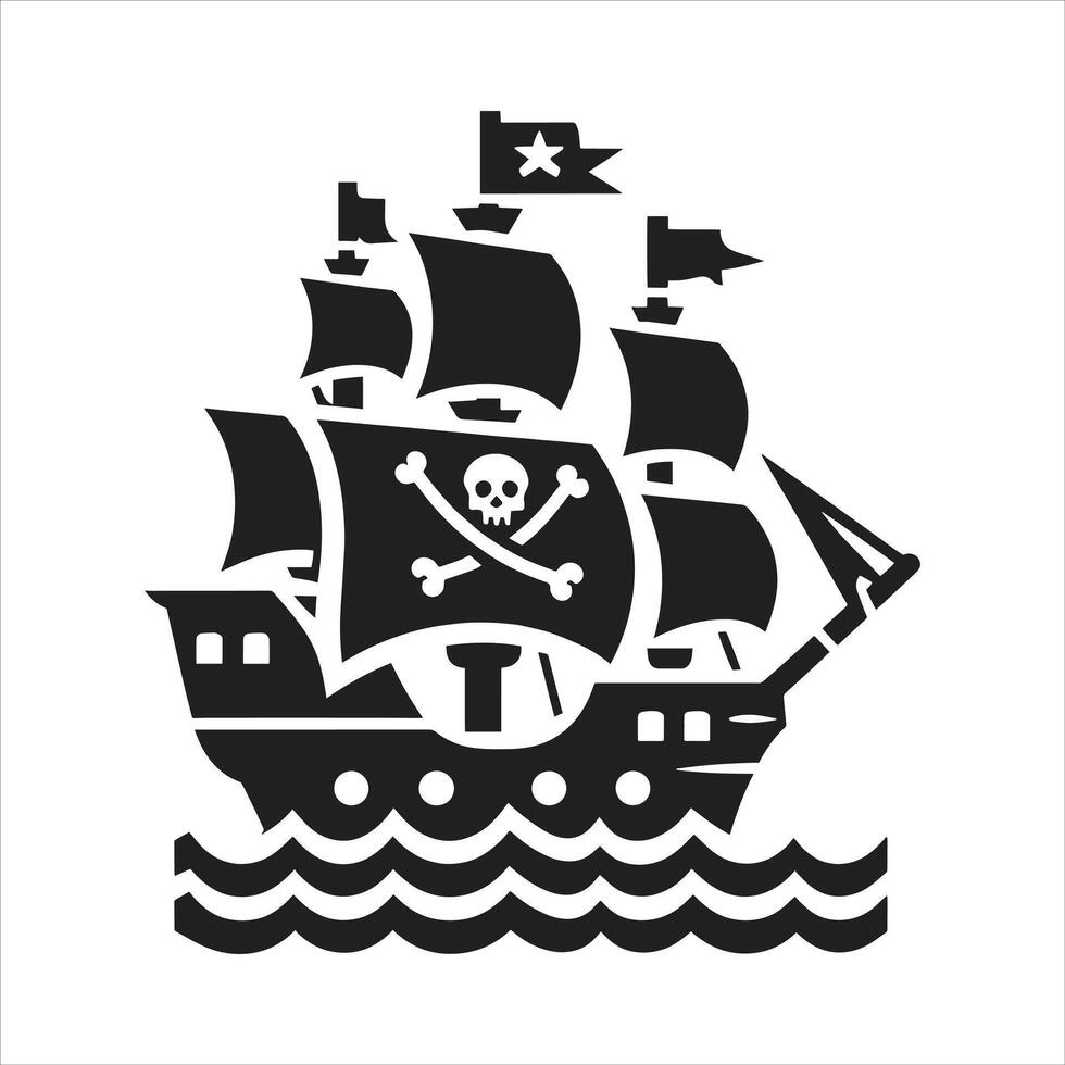 Illustration of Black and White Pirate Ship Silhouette with Skull and Crossbones Flags Ocean Sails vector
