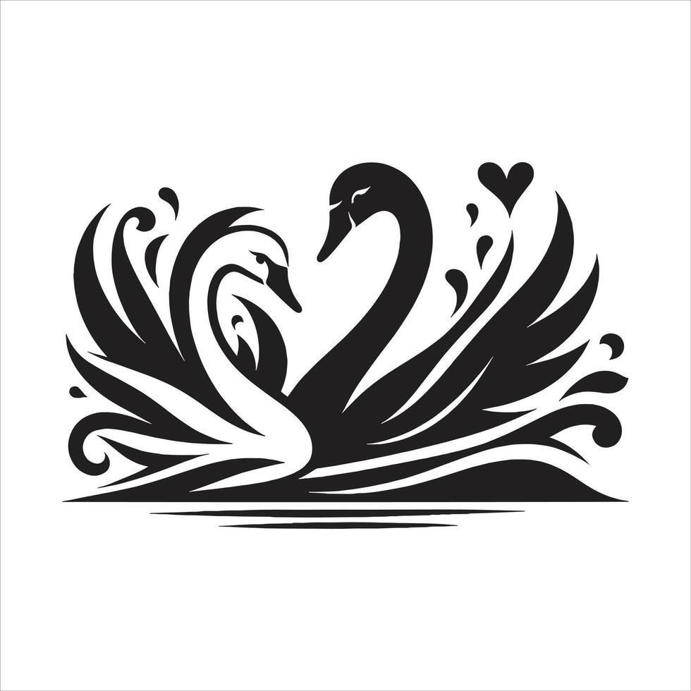 Illustration of Romantic Loving Swans Forming a Heart Shape in Black and White Silhouette for Wedding Decor vector