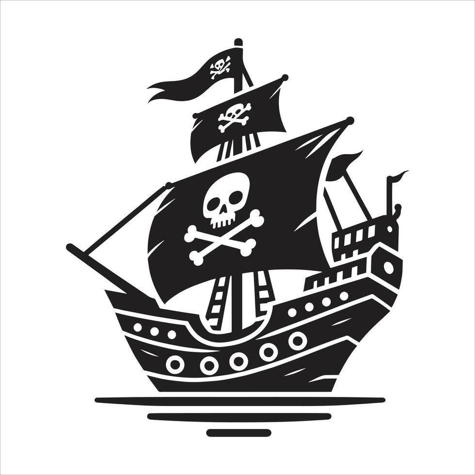 Black and White Silhouette of Pirate Ship with Skull and Crossbones Flags Sailing in The Ocean vector