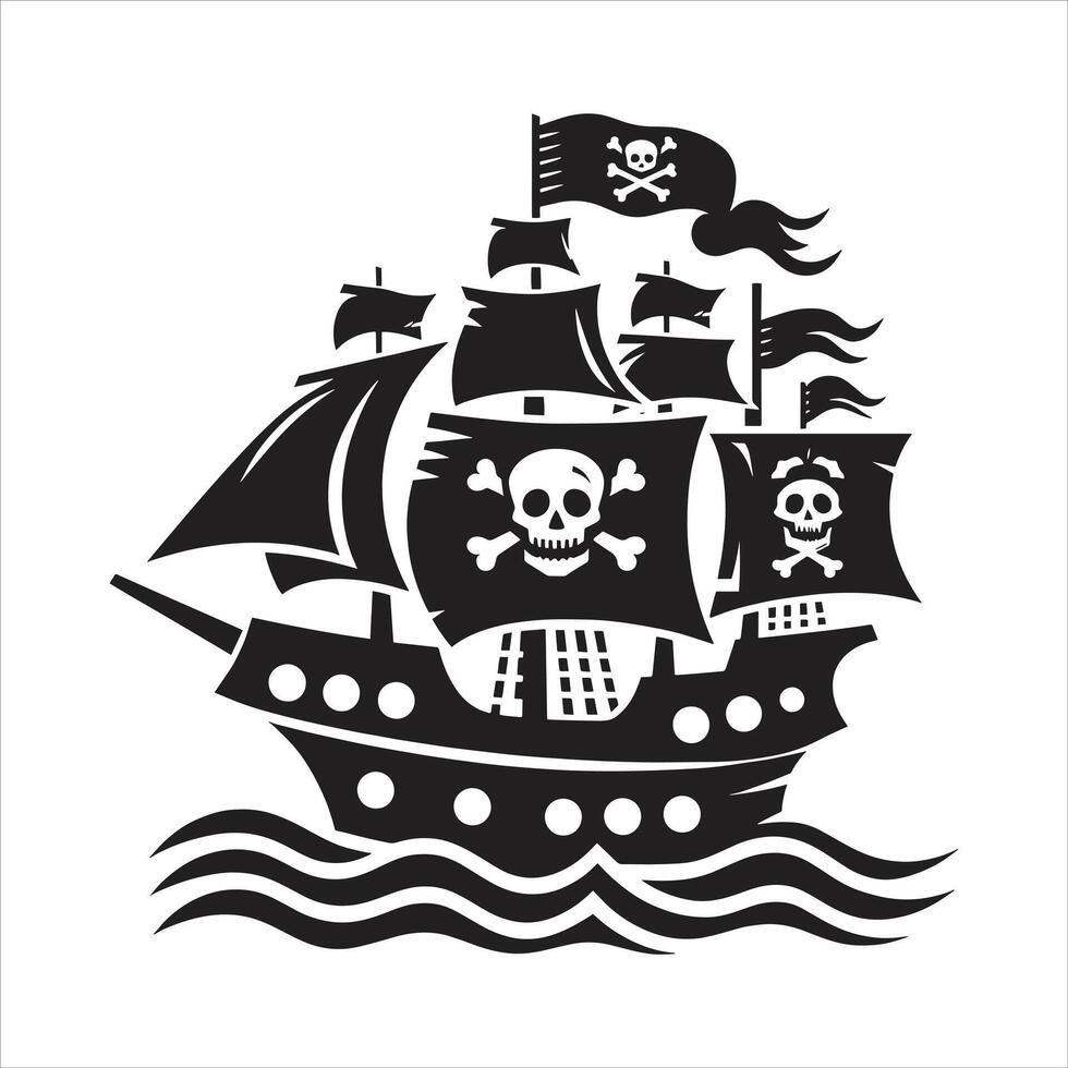 Pirate Ship Silhouette Black and White Illustration Skull and Crossbones Flags Sails in The Ocean vector