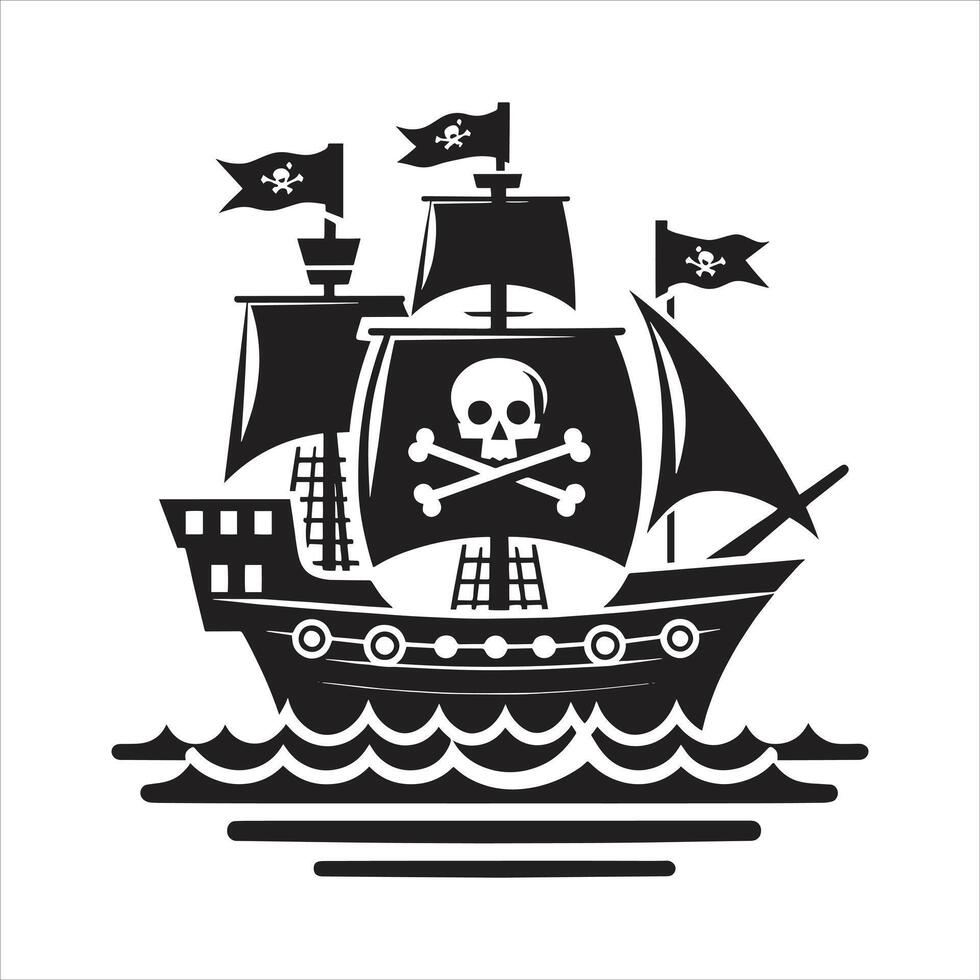 Pirate Ship Silhouette Black and White Illustration with Skull and Crossbones Flags in The Ocean vector