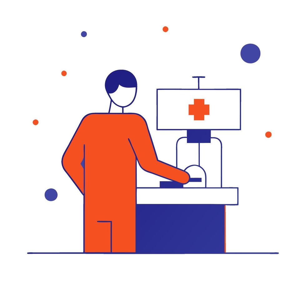 A man in an orange shirt is standing at a desk with a computer vector