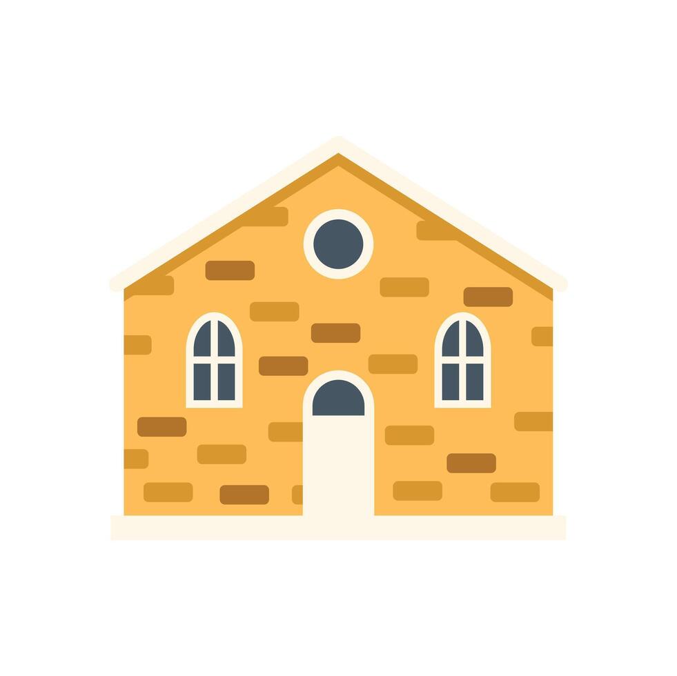 Small yellow brick house with mansard roof, attic window and snow on the roof illustration vector