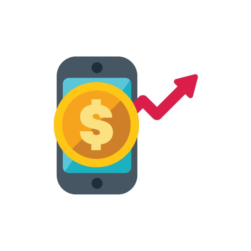Smartphone showing increasing dollar coin value with upward arrow vector