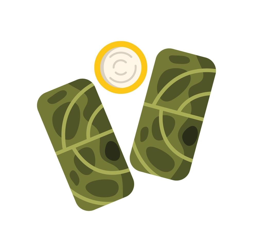 Two dolmades with sour cream or yogurt dip on white background vector