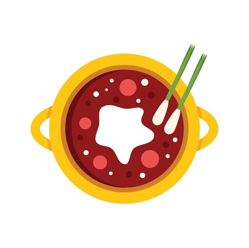 Yellow pot with handles containing steaming red soup with white topping and green onions vector