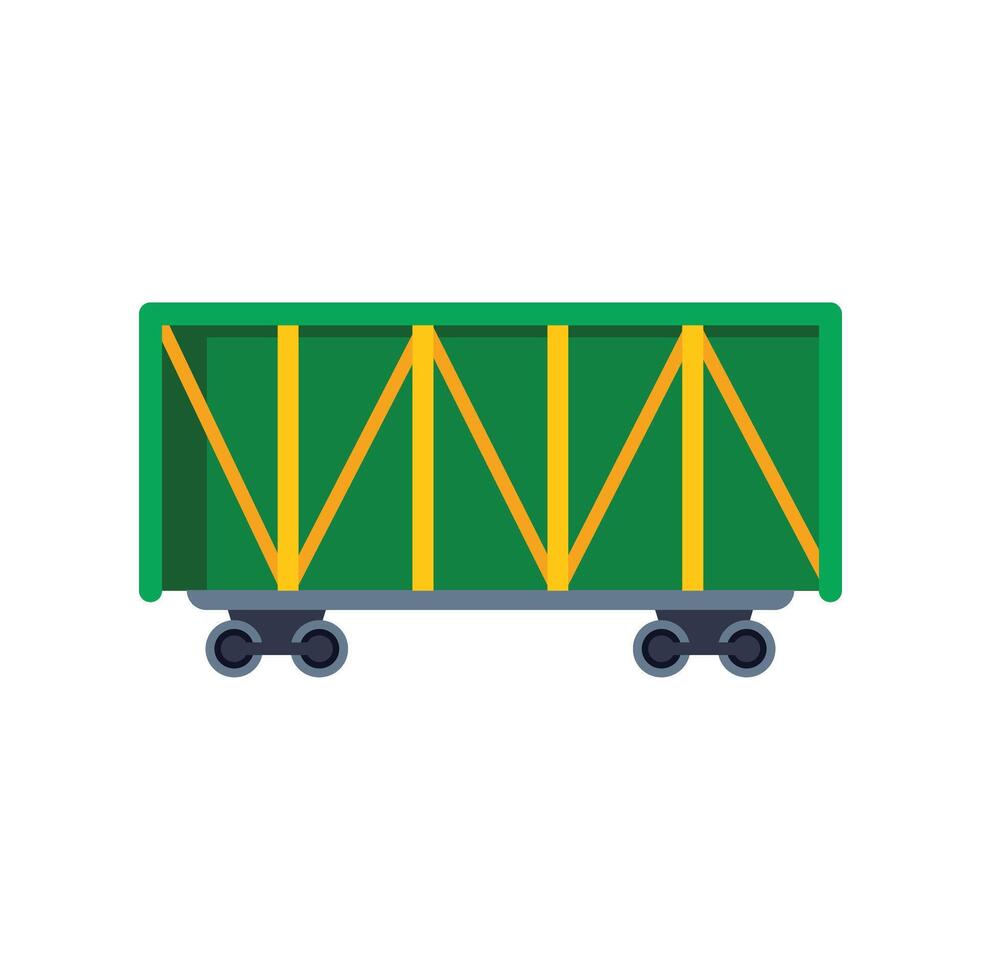 Green cargo wagon train transportation with metal wheels standing on rails vector