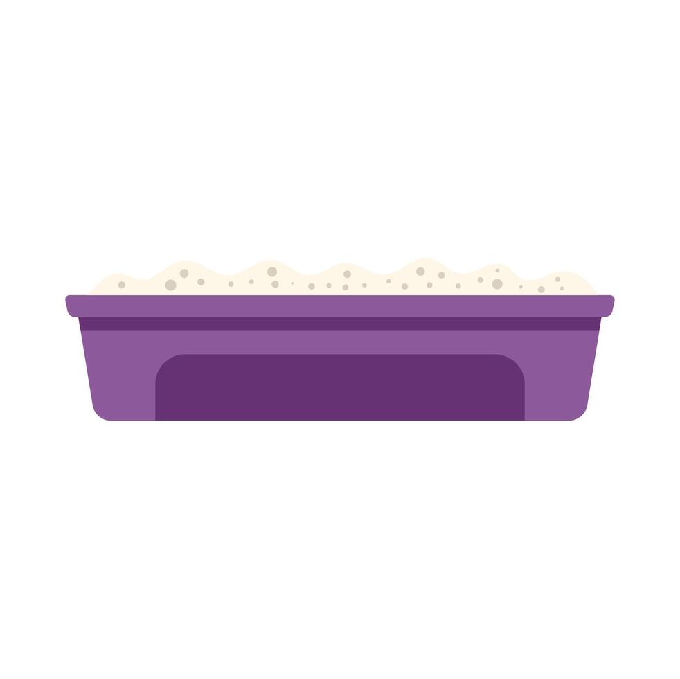 Purple litter box containing sand for cat toilet training vector