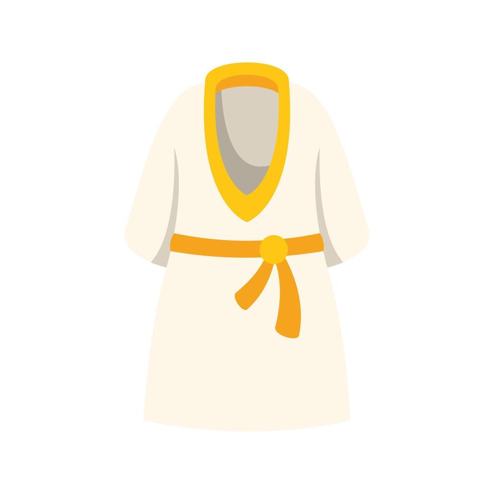 White bathrobe with yellow belt hanging on white background vector