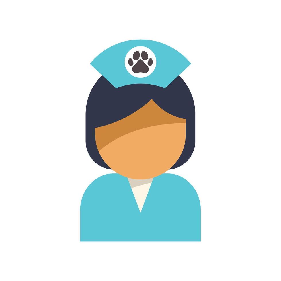 Friendly female veterinarian is depicted wearing blue scrubs and a nurse hat with a paw print on it vector