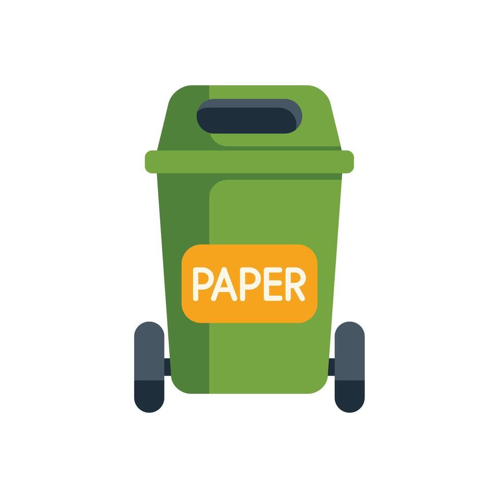 Green wheelie bin for paper sorting standing on white background vector