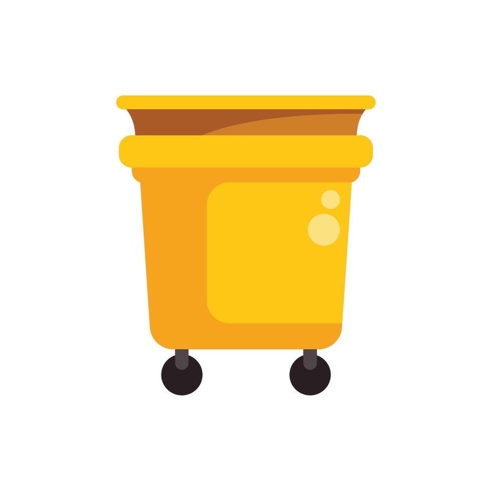 Large yellow trash can on wheels with open top lid standing upright vector