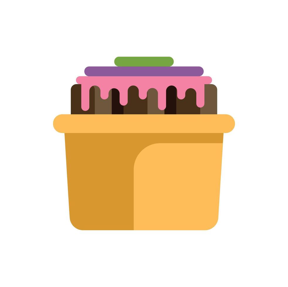 Delicious chocolate cake with pink icing dripping in yellow container vector
