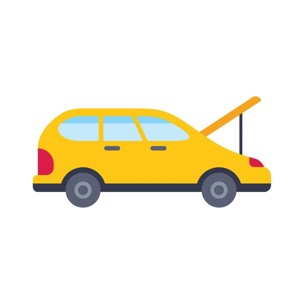 Yellow family car having engine trouble with open hood vector