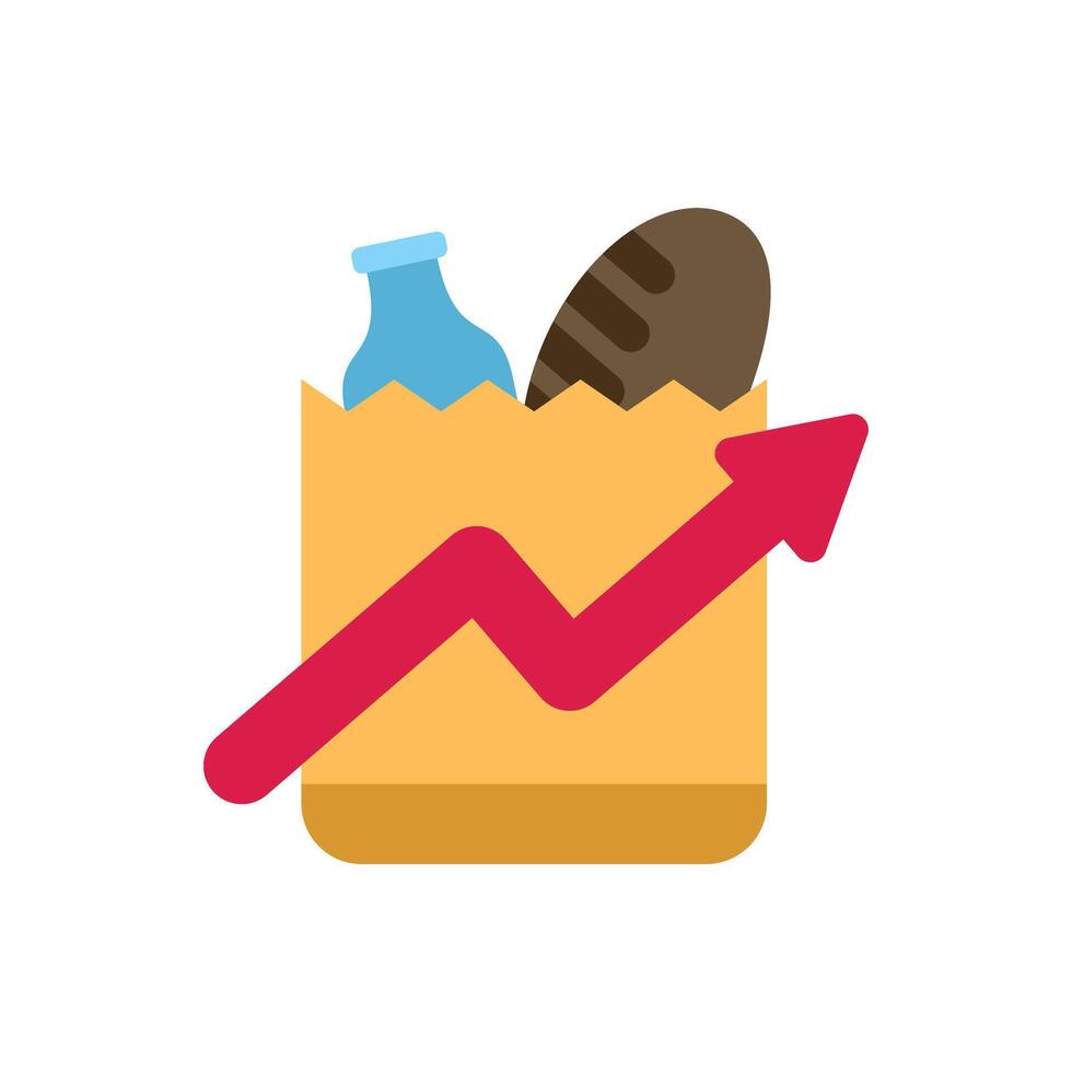 Red arrow growing over grocery bag showing inflation concept vector