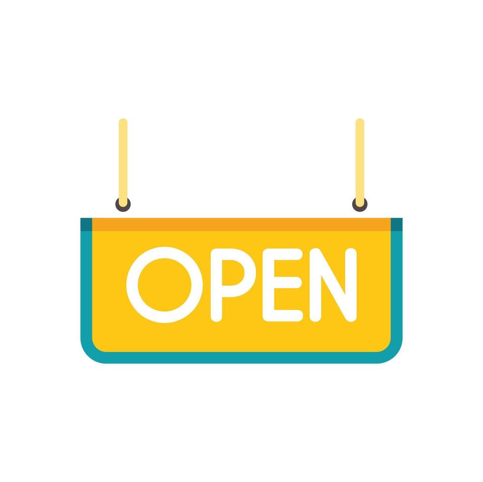 Yellow open sign hanging and announcing business hours vector