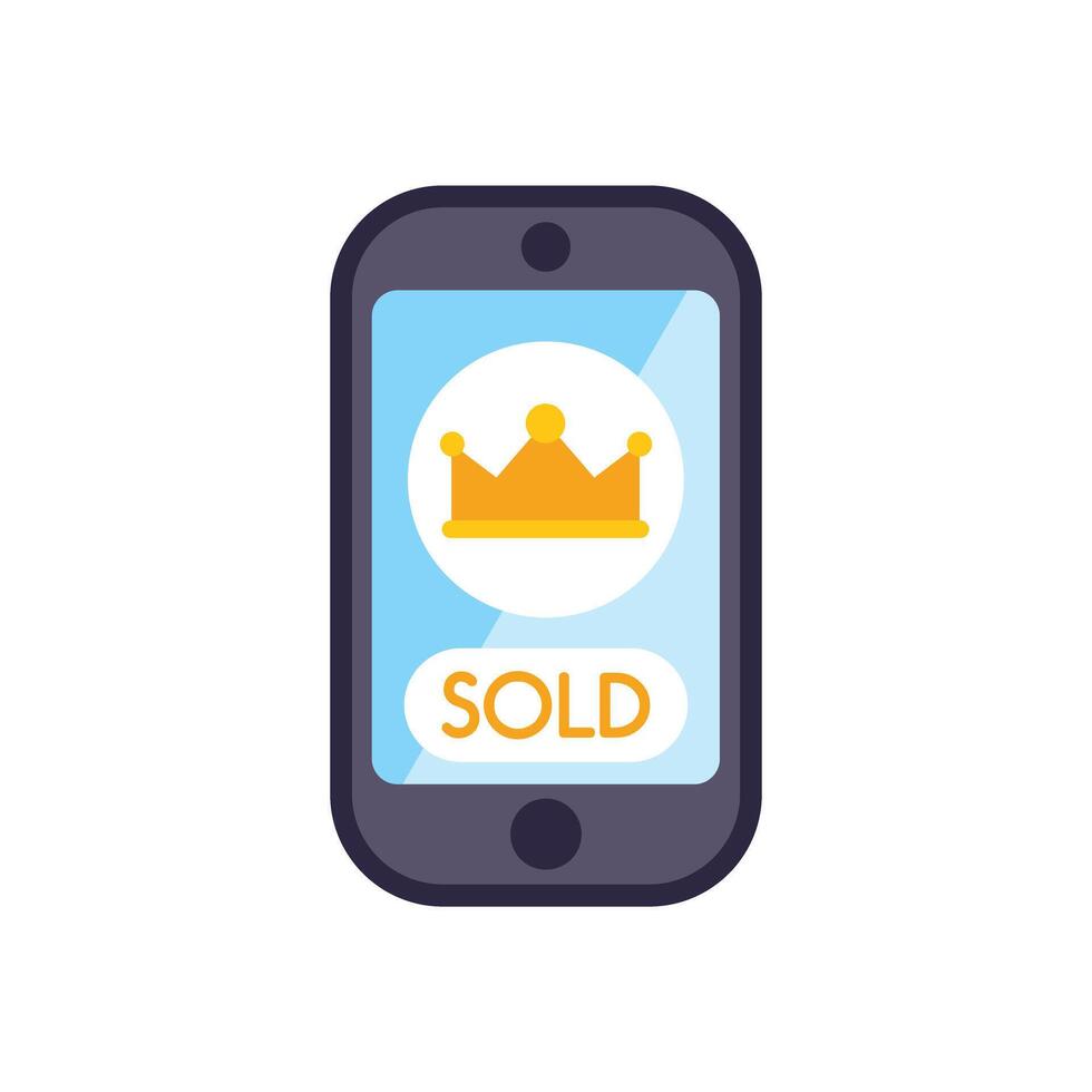 Smartphone showing sold status with crown icon, online auction winning concept vector