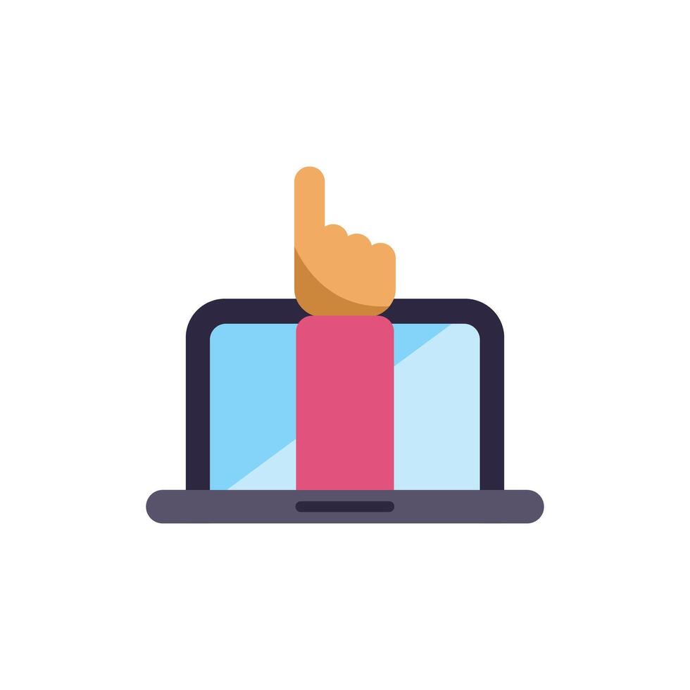 Hand coming out from laptop screen pointing up with index finger vector