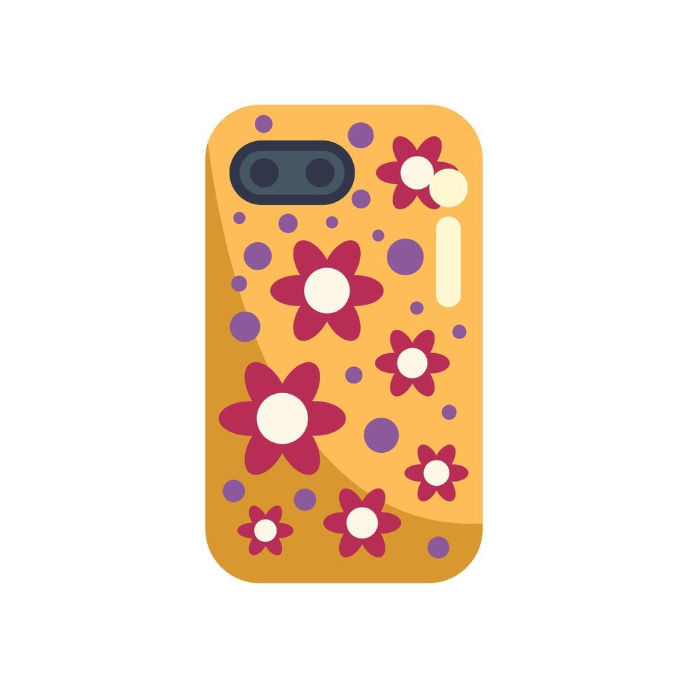 Yellow phone case decorated with red flowers and purple dots vector