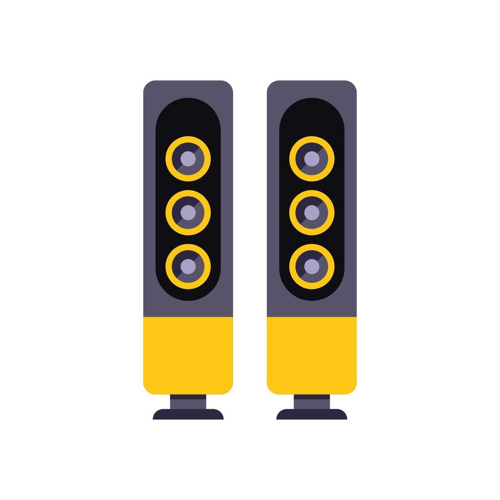 Pair of yellow and black column loudspeakers standing on white background vector