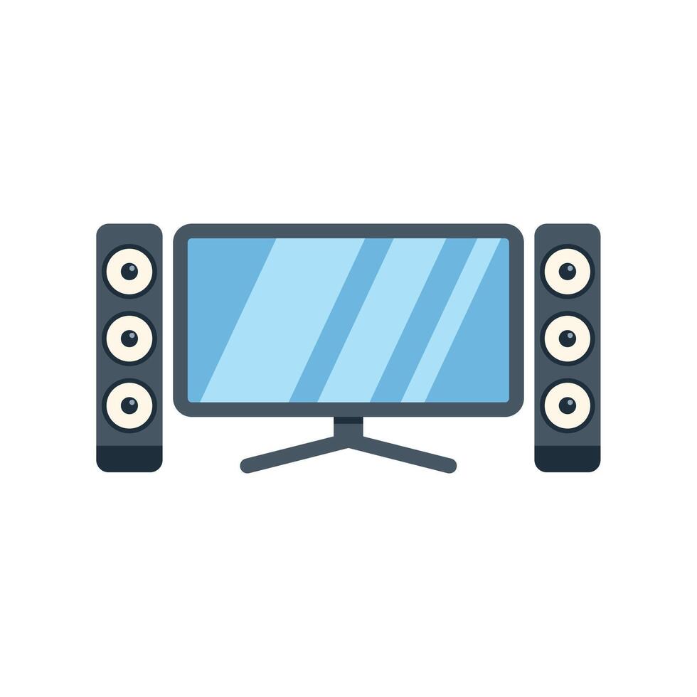Home cinema system with large flat screen tv and two speakers playing audio content vector