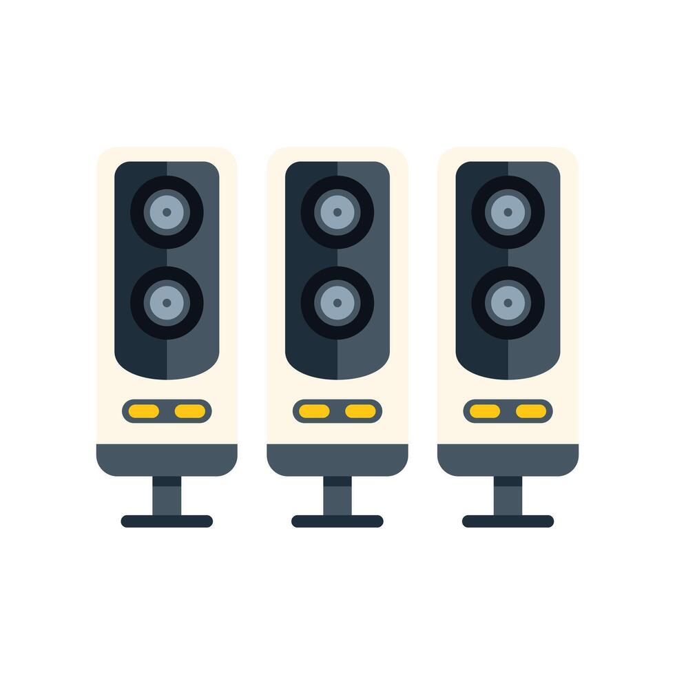 Three tall audio speakers standing on stands playing music vector