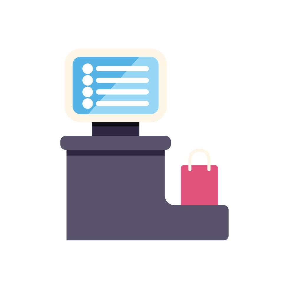 Empty checkout counter with monitor showing waiting queue and shopping bag vector