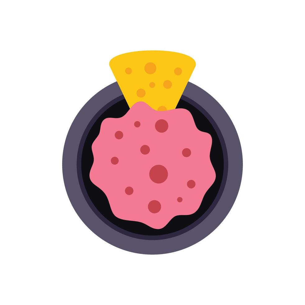 Bowl of salsa dip with tortilla chip overhead view vector
