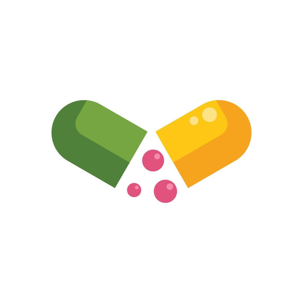 Green and yellow pill capsule opening and releasing tiny pink beads vector