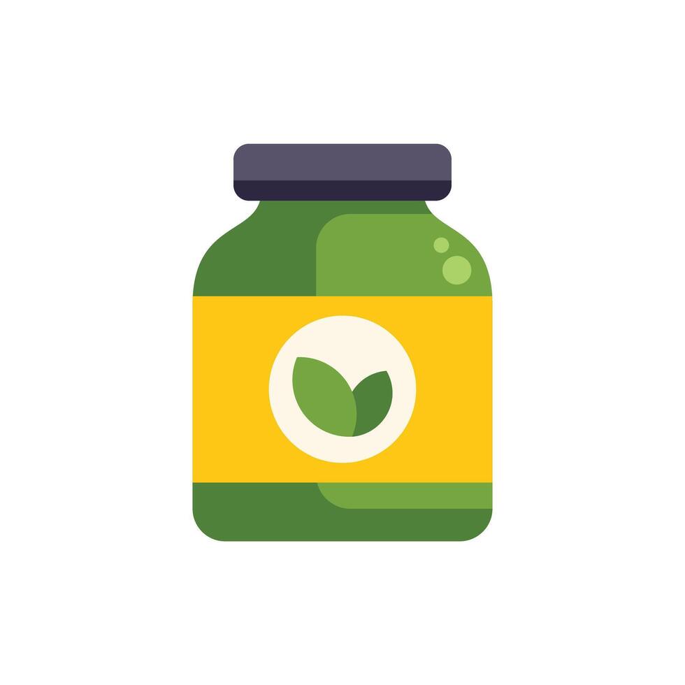 Green glass jar with yellow label containing organic product displaying two leaves logo vector
