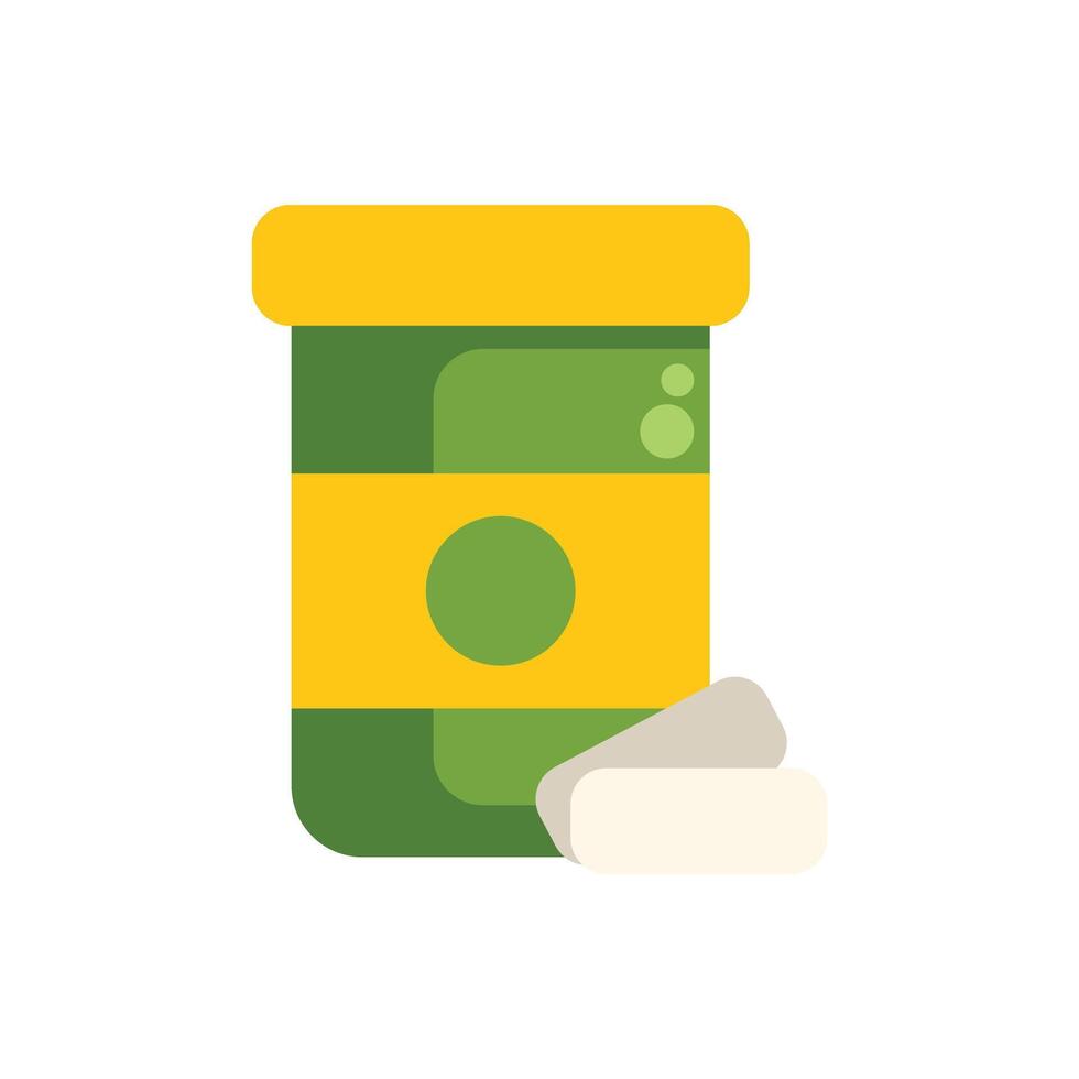 Green and yellow medicine bottle with label and two pills lying vector