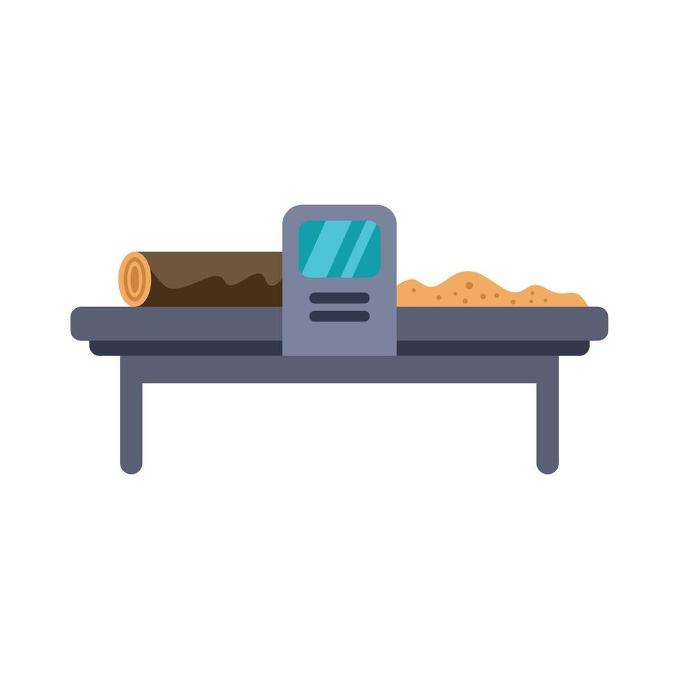 Wood processing machine transforming log into sawdust on conveyor belt vector