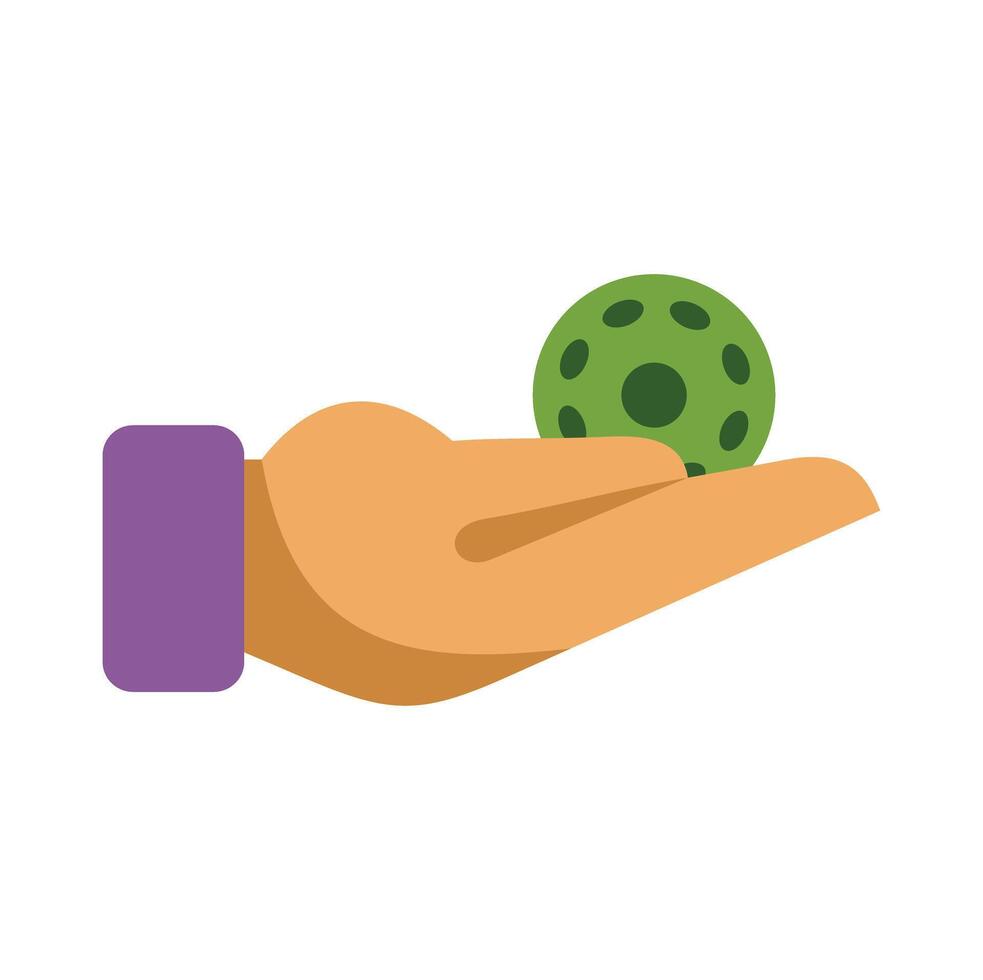 Hand holding green virus cell bacteria icon flat style vector
