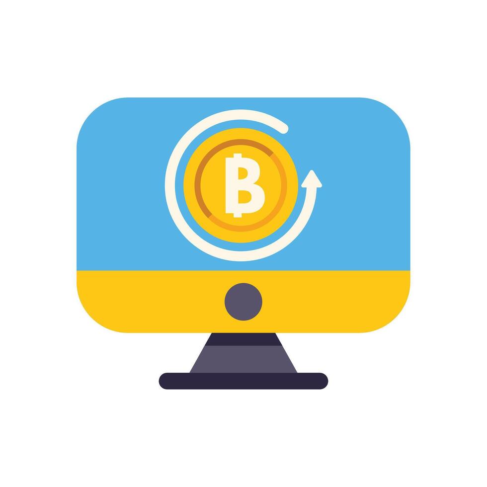 Computer showing bitcoin cryptocurrency rotating with up arrow on screen vector
