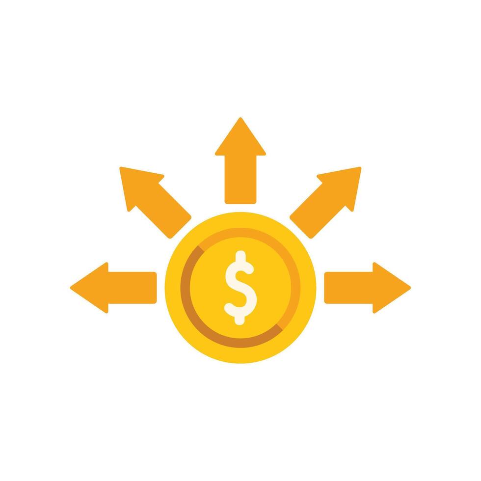Arrows pointing outward from golden coin with dollar sign representing investment diversification strategy vector