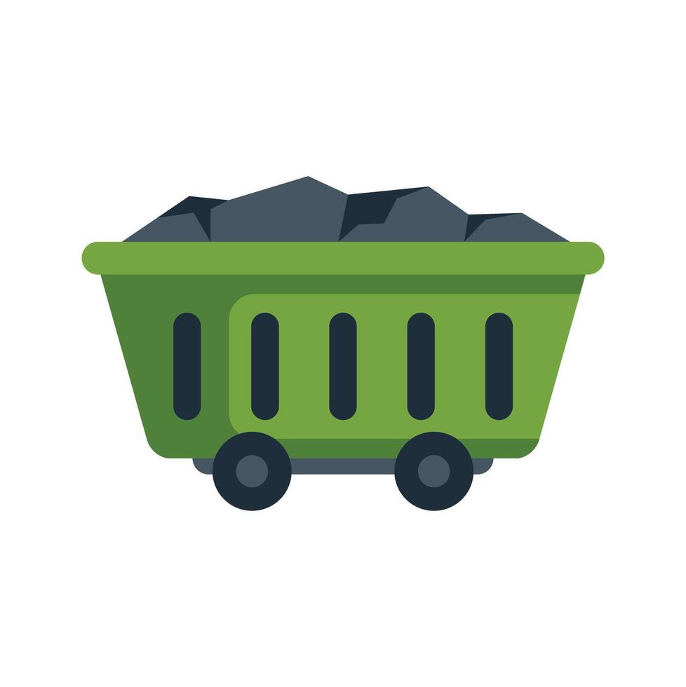 Green mining cart carrying coal on wheels vector