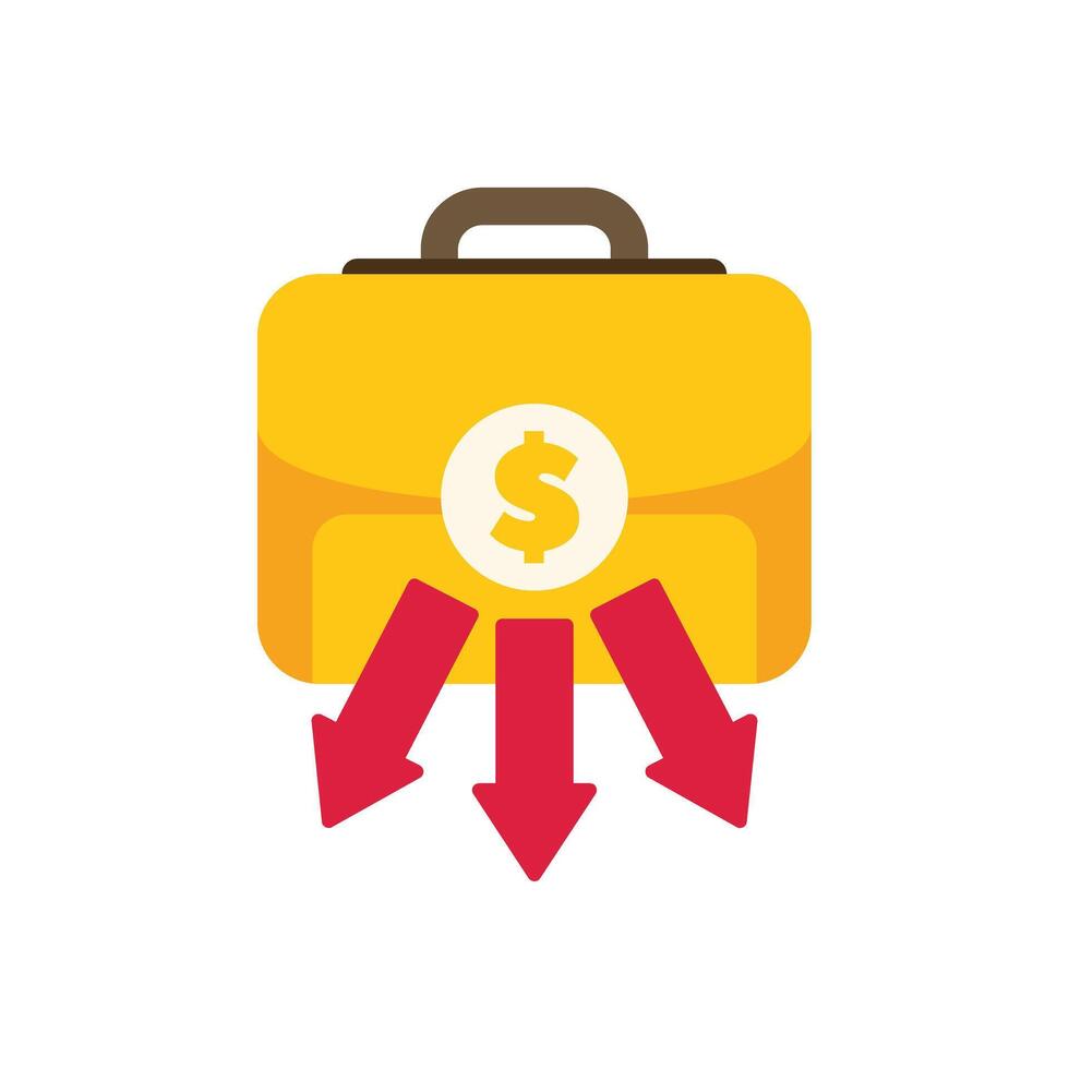 Money briefcase with three red arrows pointing down illustrating loss of investment vector