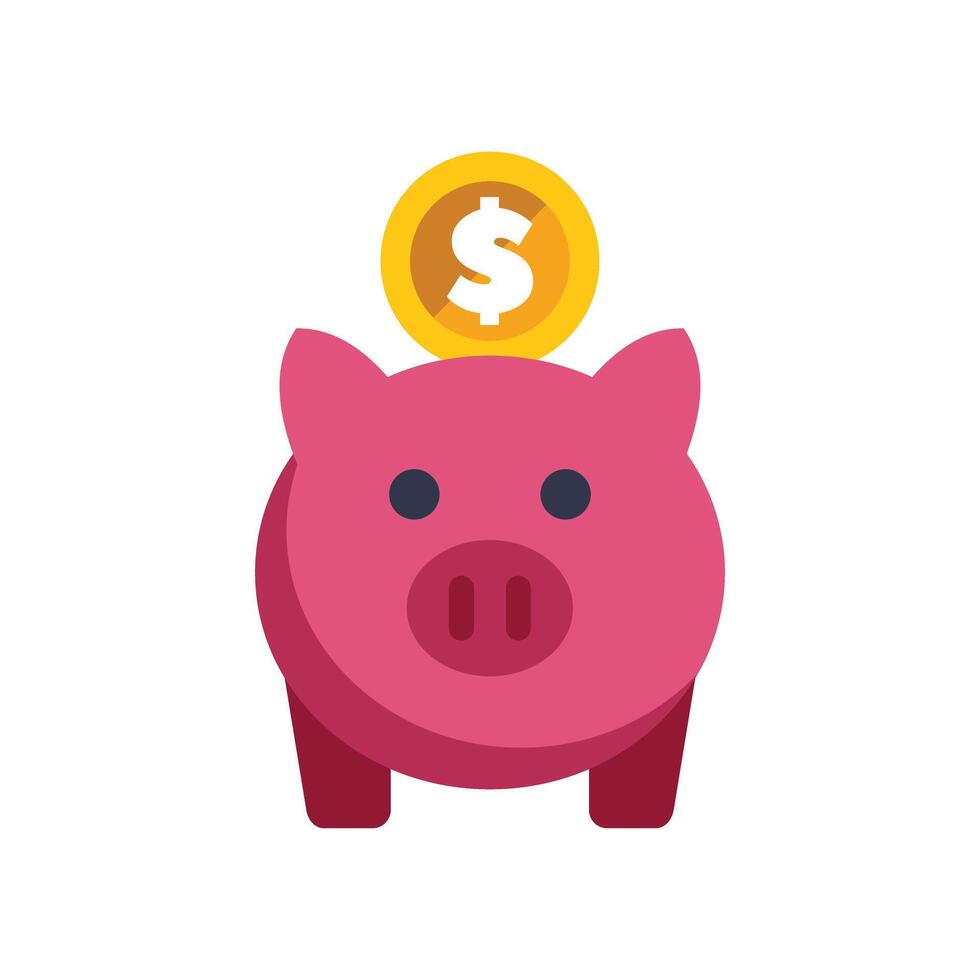 Pink piggy bank holding golden dollar coin saving money vector