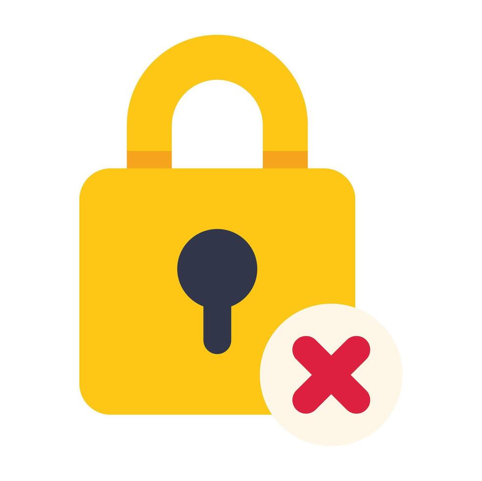 Yellow padlock being unlocked showing access denied with a cross symbol vector