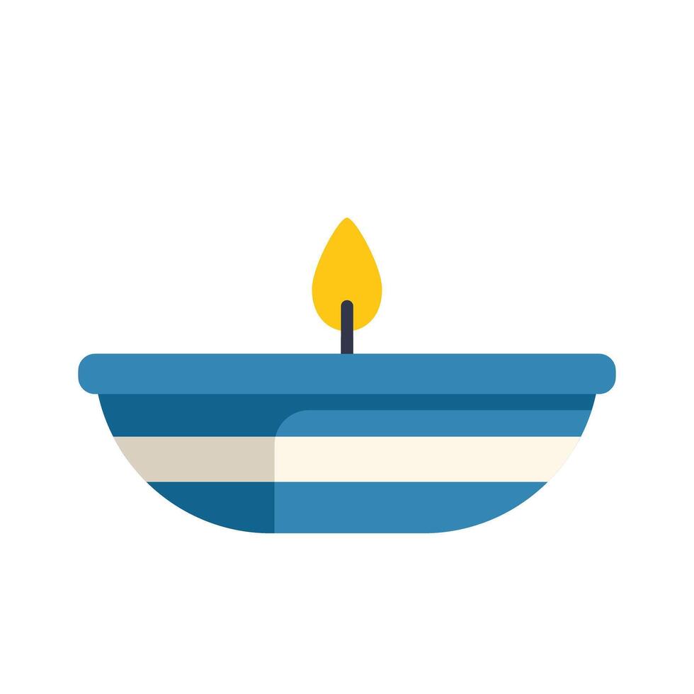 Blue and white bowl candle burning with yellow flame vector