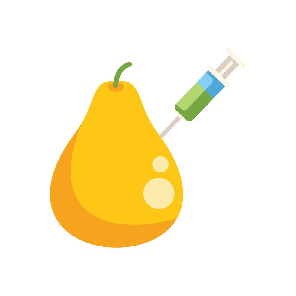 Syringe injecting green liquid into a pear illustrating gmo food vector
