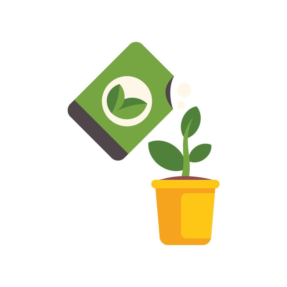 Gardener fertilizing plant with granular fertilizer in potted plant vector