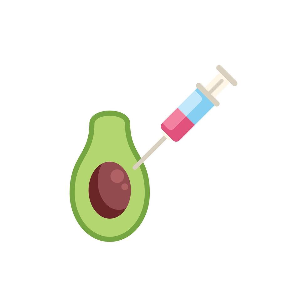 Syringe injecting red liquid into an avocado representing gmo food vector