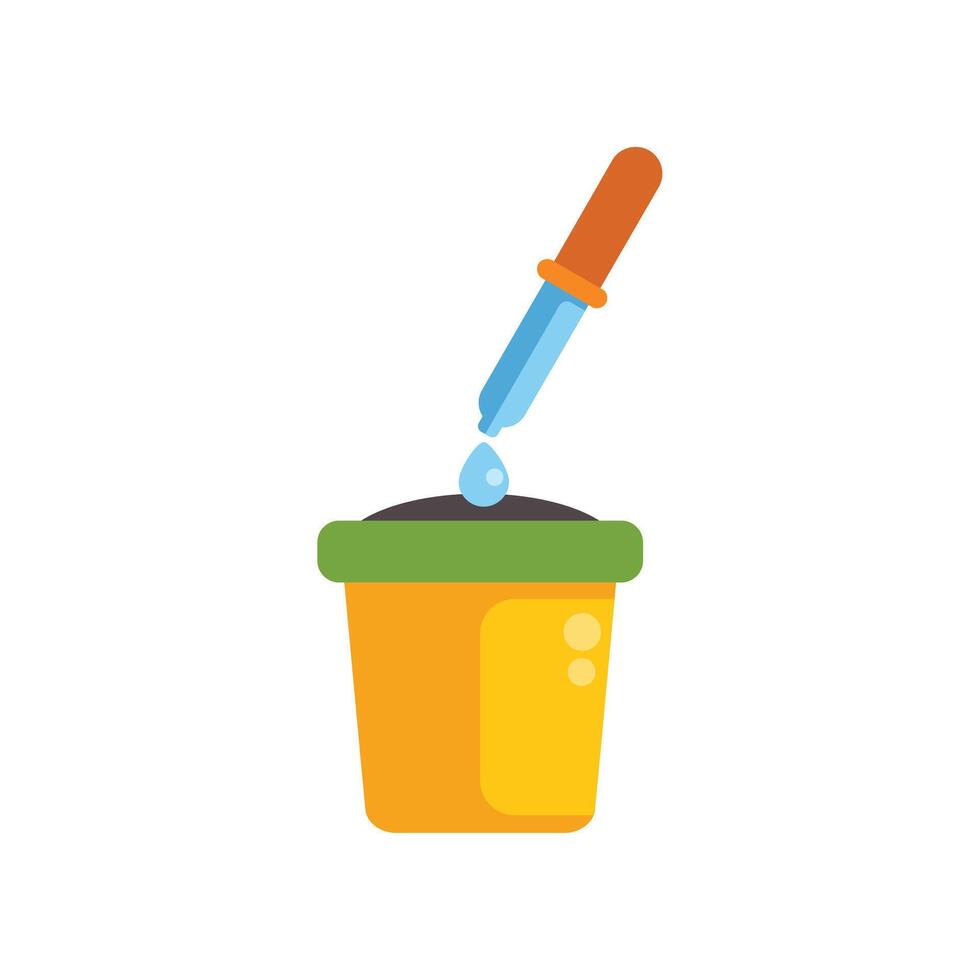 Gardener dropping liquid fertilizer in potted plant with pipette vector