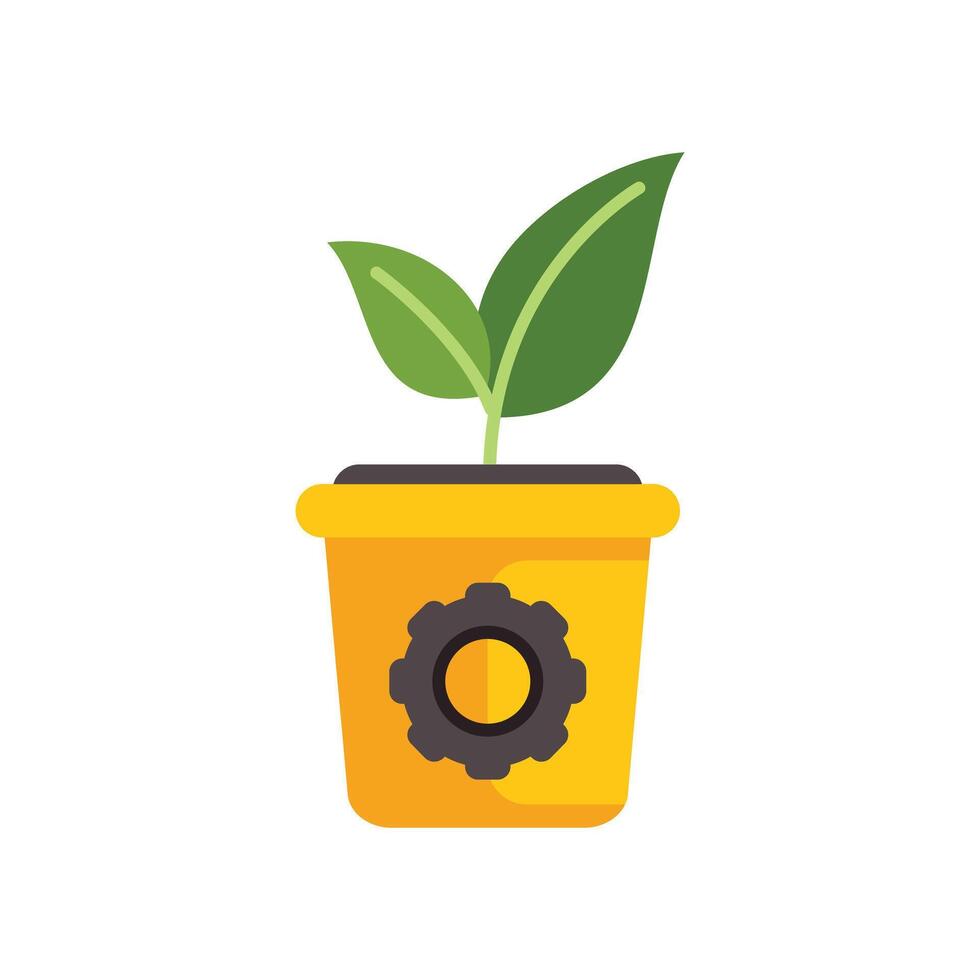 Green plant growing from flowerpot with gear symbolizing innovation vector