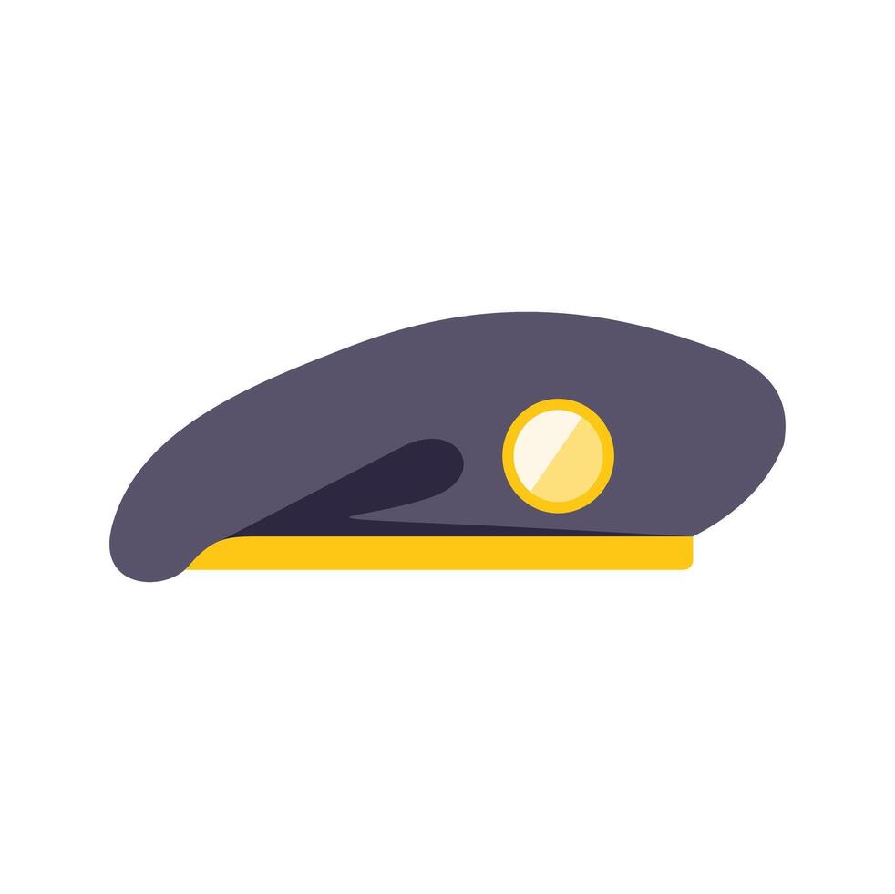 Military beret hat with yellow band and insignia side view flat illustration vector
