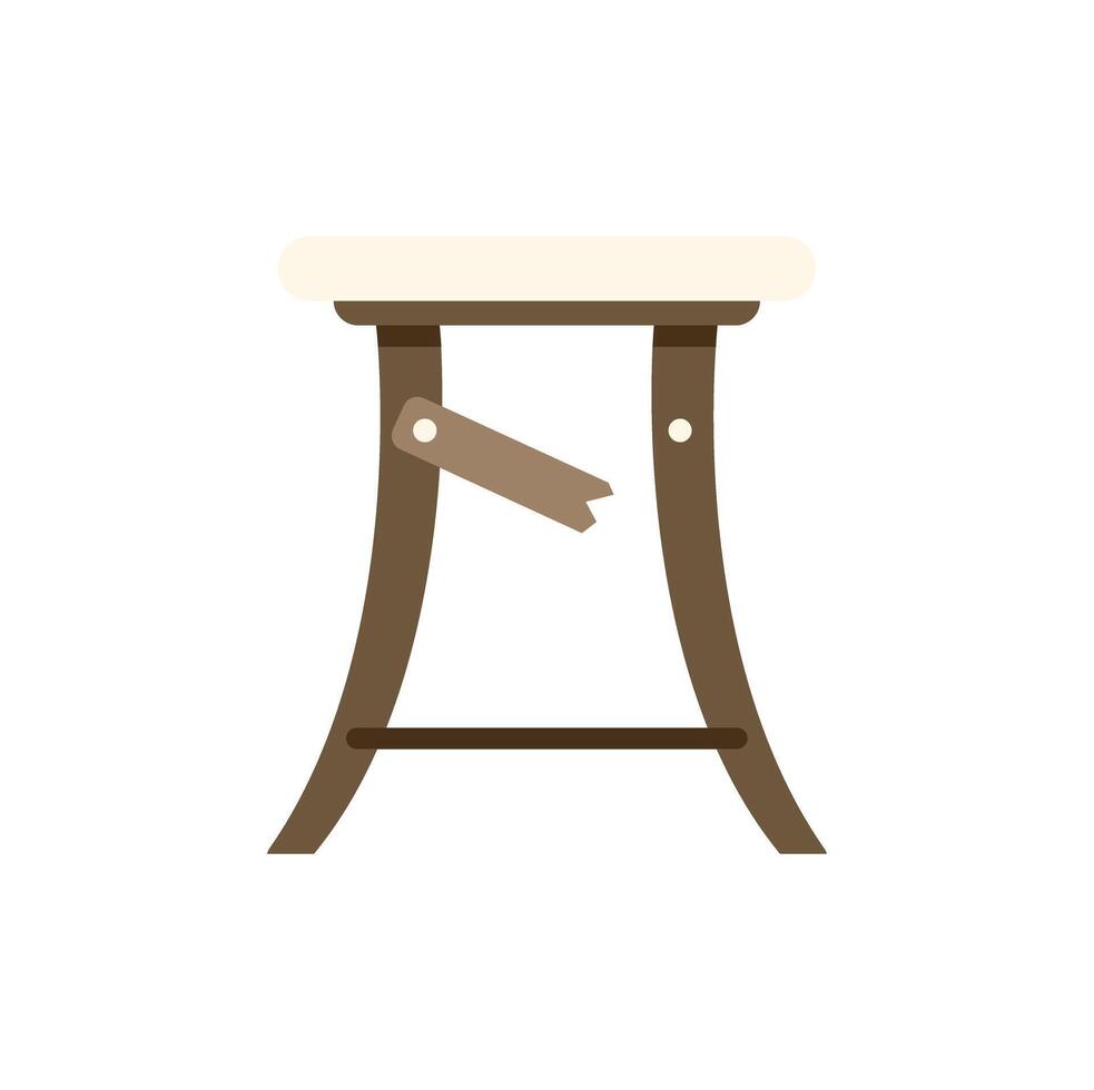 Broken wooden stool with a ripped label hanging on vector
